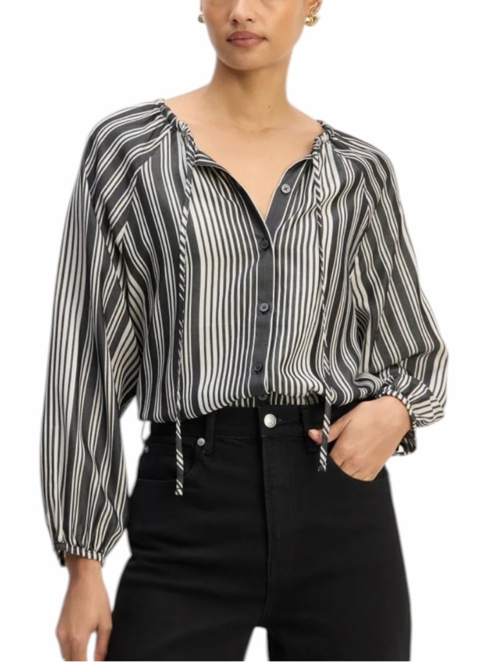 Everlane Striped Button Front Blouse Medium Black White TENCEL Lyocell Tie Neck